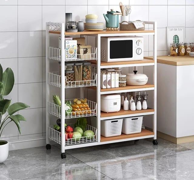 Multifunctional Strong Metallic Kitchen Rack with Movable & Lockable Wheels | 130x90x30cm (Black, White)