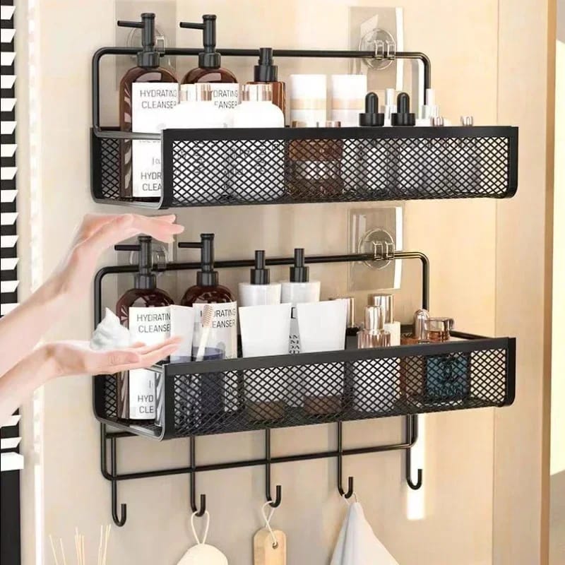 Multifunctional 2 Piece Set Portable Hanging Wall Mounted Storage Rack  | No Drill Organizer for Bathroom, Kitchen, Onion, Garlic, & Seasoning