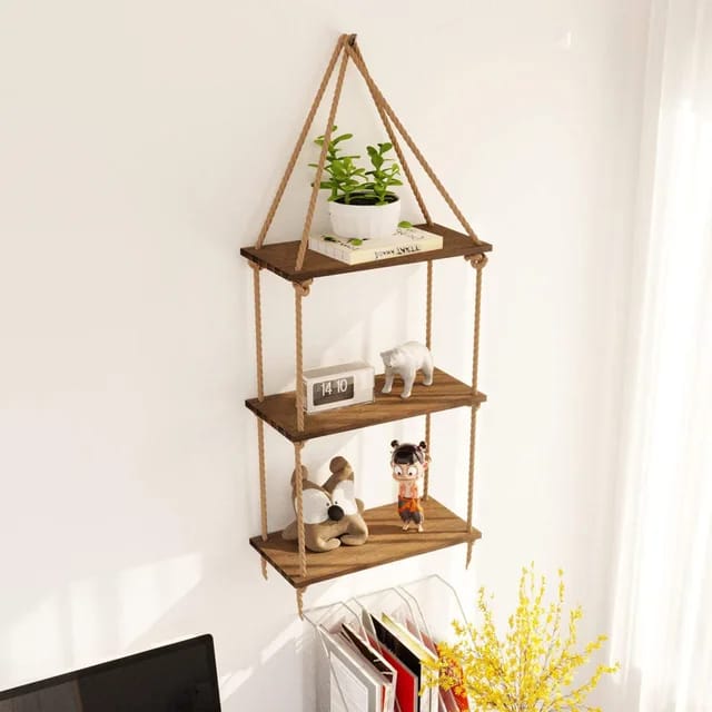 Tier Wooden Floating Shelf | Hanging Rope Organizer Rack | Handicraft Material | Boho-Chic Design with Natural Cotton Ropes | Ideal for Home Decor and Gifts