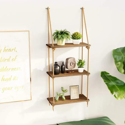 Tier Wooden Floating Shelf | Hanging Rope Organizer Rack | Handicraft Material | Boho-Chic Design with Natural Cotton Ropes | Ideal for Home Decor and Gifts