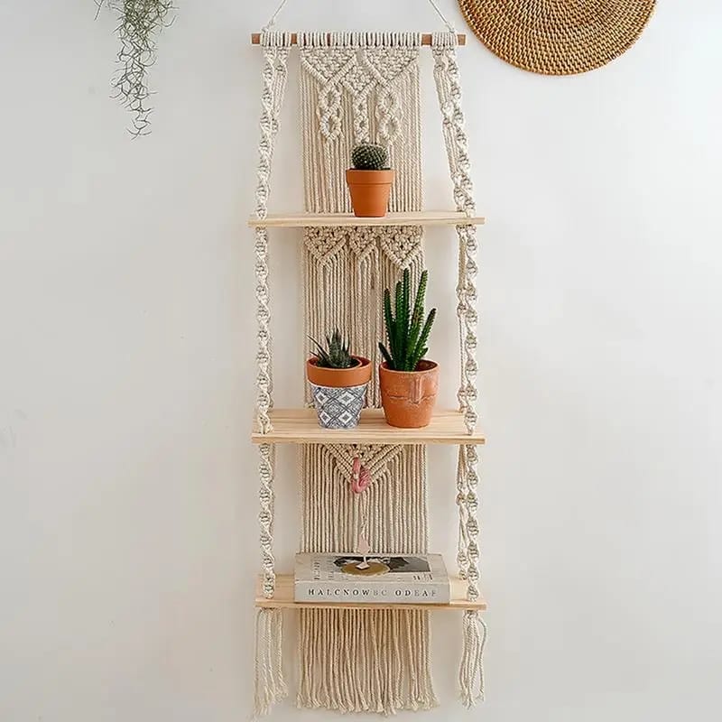 Woven Tapestry 3 Tier Bohemian Wall Hanging Floating Shelves | Handcrafted Cotton Rope & Wood | Strong and Durable Macrame Shelf for Home Decor