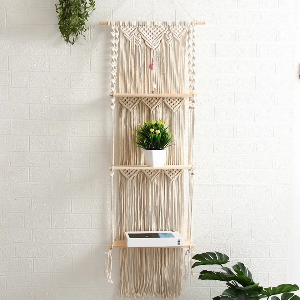 Woven Tapestry 3 Tier Bohemian Wall Hanging Floating Shelves | Handcrafted Cotton Rope & Wood | Strong and Durable Macrame Shelf for Home Decor