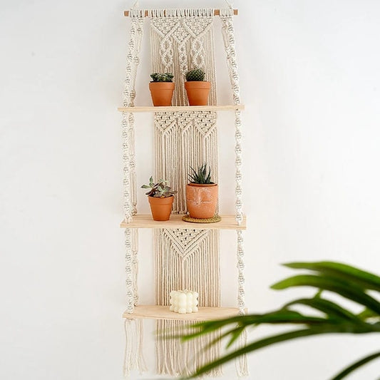 Woven Tapestry 3 Tier Bohemian Wall Hanging Floating Shelves | Handcrafted Cotton Rope & Wood | Strong and Durable Macrame Shelf for Home Decor