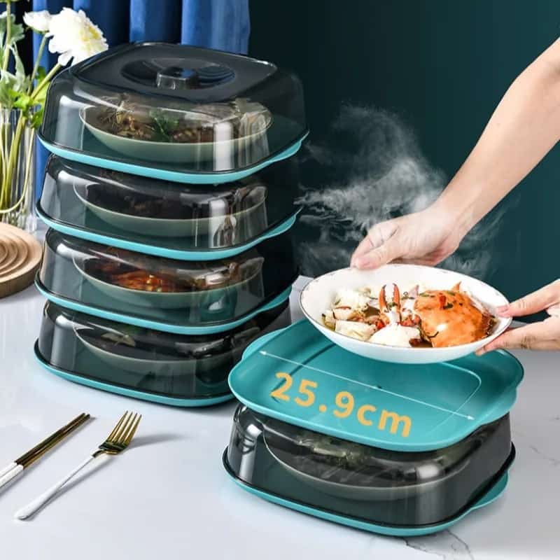 Square Acrylic Clear Food Cover with Base Dish | Microwavable | Dust Proof | 28cm x 26cm x 9cm | Available in Clear Cover and Green Dish