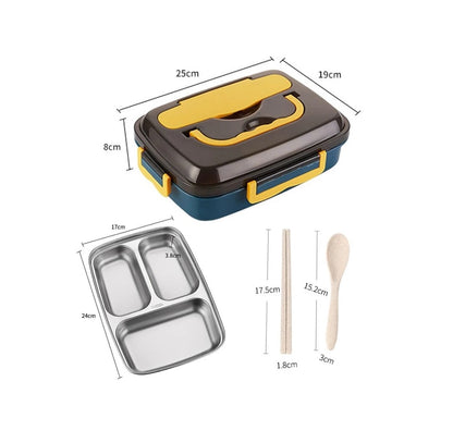 3 Grid Stainless Steel Lunch Box with Spoon and Chopsticks | 1000ml Capacity | Food Grade Material | BPA Free | Available in Green, Pink, Blue, Dark Blue