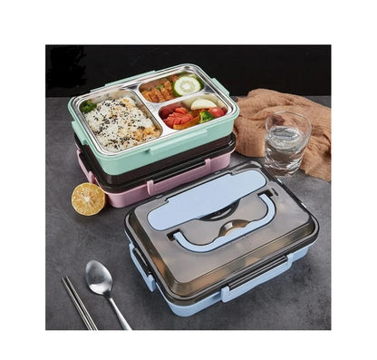 3 Grid Stainless Steel Lunch Box with Spoon and Chopsticks | 1000ml Capacity | Food Grade Material | BPA Free | Available in Green, Pink, Blue, Dark Blue