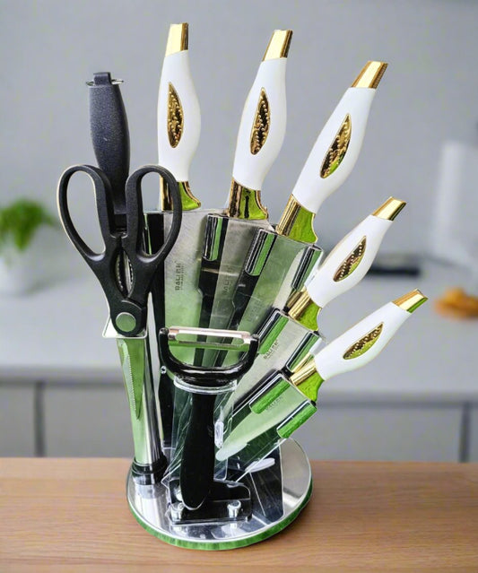 9 Piece Kitchen Knife Set | Includes Chopping Knife, Chef Knife, Bread Knife, Utility Knife, Paring Knife, Sharpener, Scissors, and Peeler