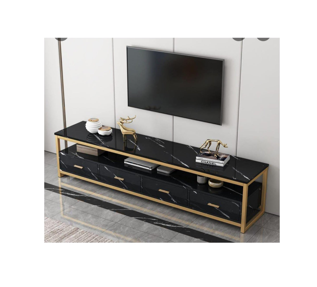 MDF TV Stand with Four Drawers | Black Marble Finish | Gold Accents | 5ft