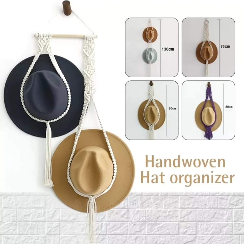 Nordic Style Boho Cotton Hanging Hat Woven Organizer Tapestry | Multi-Functional Display Rack for Hats, Caps, and Scarves | Handicraft Cotton Rope & Wooden | Wall Decor for Bedroom and Home