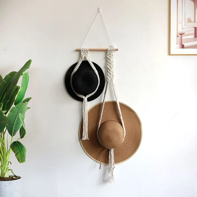 Nordic Style Boho Cotton Hanging Hat Woven Organizer Tapestry | Multi-Functional Display Rack for Hats, Caps, and Scarves | Handicraft Cotton Rope & Wooden | Wall Decor for Bedroom and Home