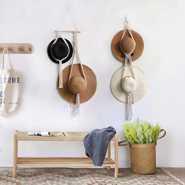 Nordic Style Boho Cotton Hanging Hat Woven Organizer Tapestry | Multi-Functional Display Rack for Hats, Caps, and Scarves | Handicraft Cotton Rope & Wooden | Wall Decor for Bedroom and Home