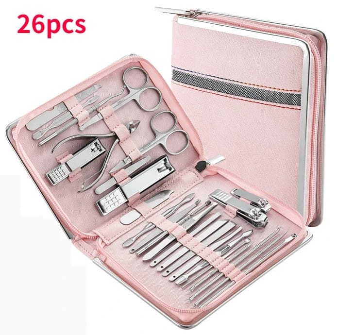 26 Piece Professional Manicure Pedicure Set with Leather Case | High Quality Stainless Steel Tools | All Purpose Family Kit | Ideal Gift for the Festive Season