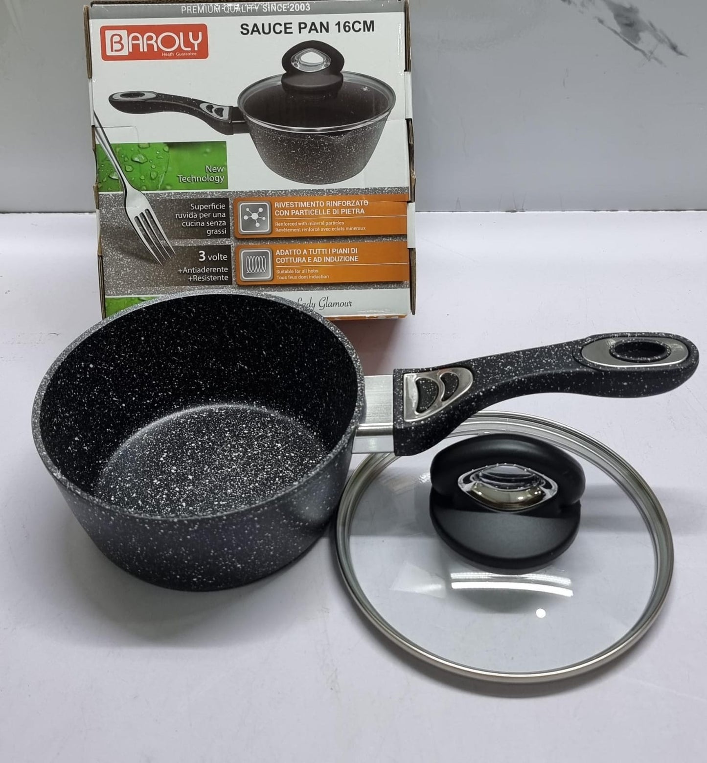 Baroly German Brand Granite Sauce Pan with Lid | Heavy-Duty Non-Stick | 16cm Black Cookware