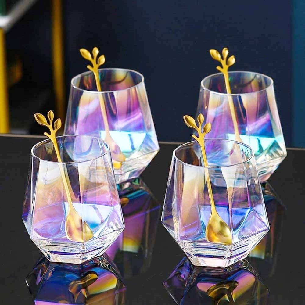 High Quality Crystal Clear Hexagon Hue Rainbow Glass Set | 249ml Whiskey, Juice, Water Tumblers | Set of 6