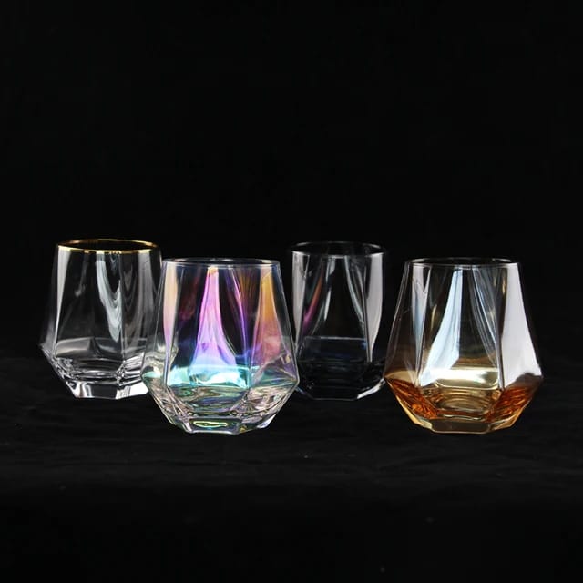 High Quality Crystal Clear Hexagon Hue Rainbow Glass Set | 249ml Whiskey, Juice, Water Tumblers | Set of 6