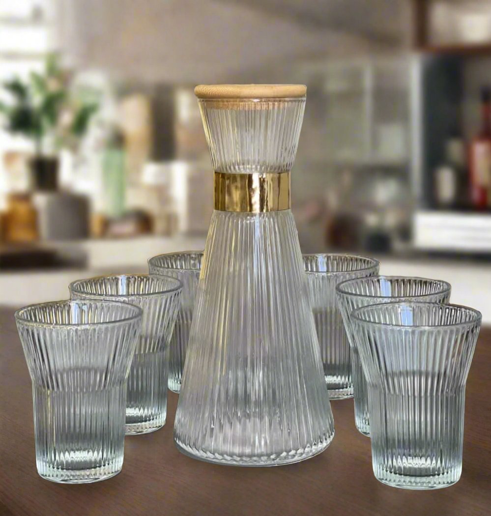 7 Piece Clear Borosilicate Ribbed Flute Shaped Carafe Glass Set |  1 Carafe & 6 Glasses