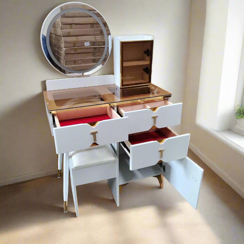 Modern White Vanity Dressing Table with Mirror | Multiple Drawers for Makeup Storage | 80* 40*140| Bedroom Furniture