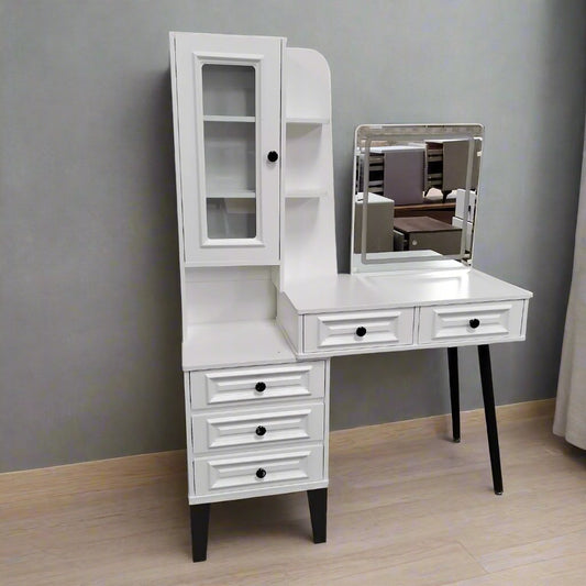 Vanity Dressing Table with Mirror and Storage Drawers | Elegant White Design with Glass Cabinet | 115cm (Width) x 43cm (Depth) x 160cm (Height)