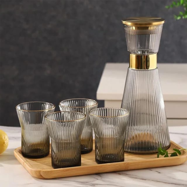 7 Piece Clear Borosilicate Ribbed Flute Shaped Carafe Glass Set |  1 Carafe & 6 Glasses