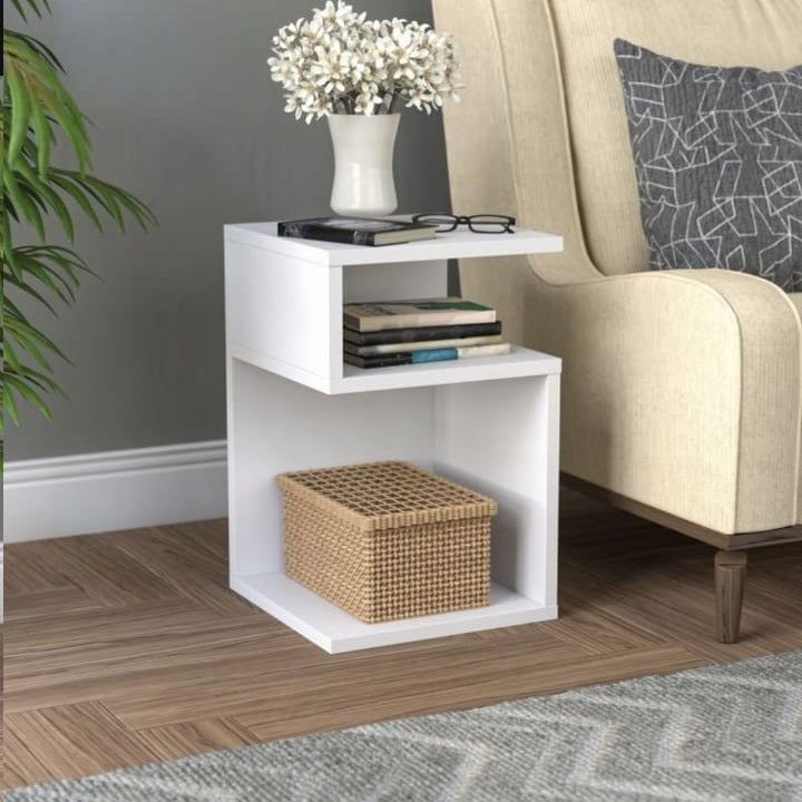 Multifunctional S Shaped Wooden White Side Table | 2 Open Storage Compartments | Unique & Stylish Design | 40x30x60H