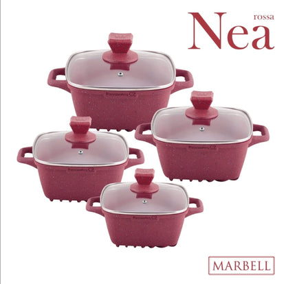 SQ Professional Nea Rossa 4 Piece Die Cast Stock Pot Set | Marble Effect Coating, Vortex Base Cookware | Sizes: 20cm, 24cm, 28cm, 32cm