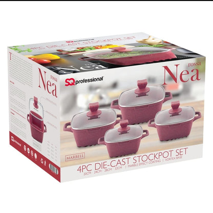 SQ Professional Nea Rossa 4 Piece Die Cast Stock Pot Set | Marble Effect Coating, Vortex Base Cookware | Sizes: 20cm, 24cm, 28cm, 32cm