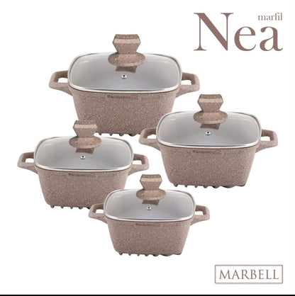 SQ Professional Nea Marfil 4 Piece Die Cast Stock Pot Set | Marble Effect Coating, Vortex Base Cookware | Sizes: 20cm, 24cm, 28cm, 32cm