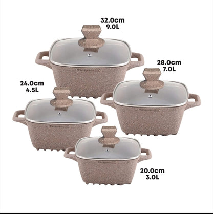 SQ Professional Nea Marfil 4 Piece Die Cast Stock Pot Set | Marble Effect Coating, Vortex Base Cookware | Sizes: 20cm, 24cm, 28cm, 32cm