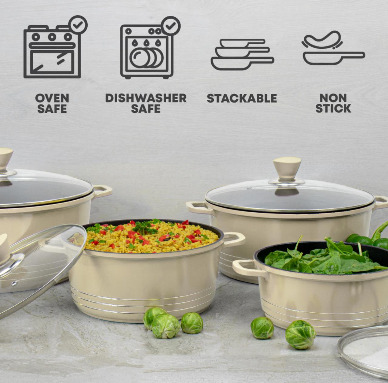 SQ Professional Laria 4 Piece Die Cast Stock Pot Set | Cream and Grey | Sizes: 20cm, 24cm, 28cm, 32cm