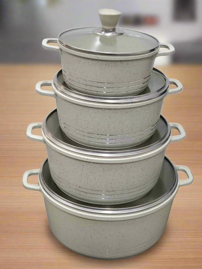 SQ Professional Laria 4 Piece Die Cast Stock Pot Set | Cream and Grey | Sizes: 20cm, 24cm, 28cm, 32cm