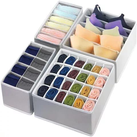 4 Piece Undergarments Organizer Set | Durable Fabric in Grey and Cream Brown