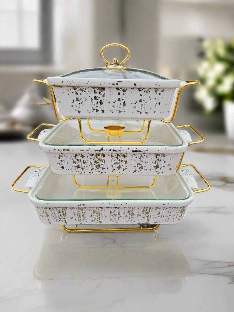 High Quality 3 Piece White Gold Ceramic Chafing Dish Set | Sizes: 3.8L, 2.8L, 1.8L