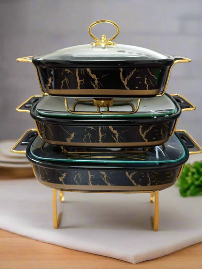 3 Piece Black Gold Ceramic Chafing Dish Set | Sizes: 3.8L, 2.8L, 1.8L | Perfect For Serving And Maintaining The Temperature Of Various Dishes