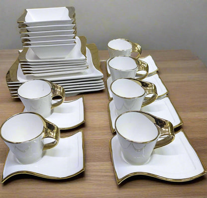 Elegant White 30 Piece Dinner Set with Gold Rim | Includes Plates, Side Plates, Bowls, Cups, and Saucers