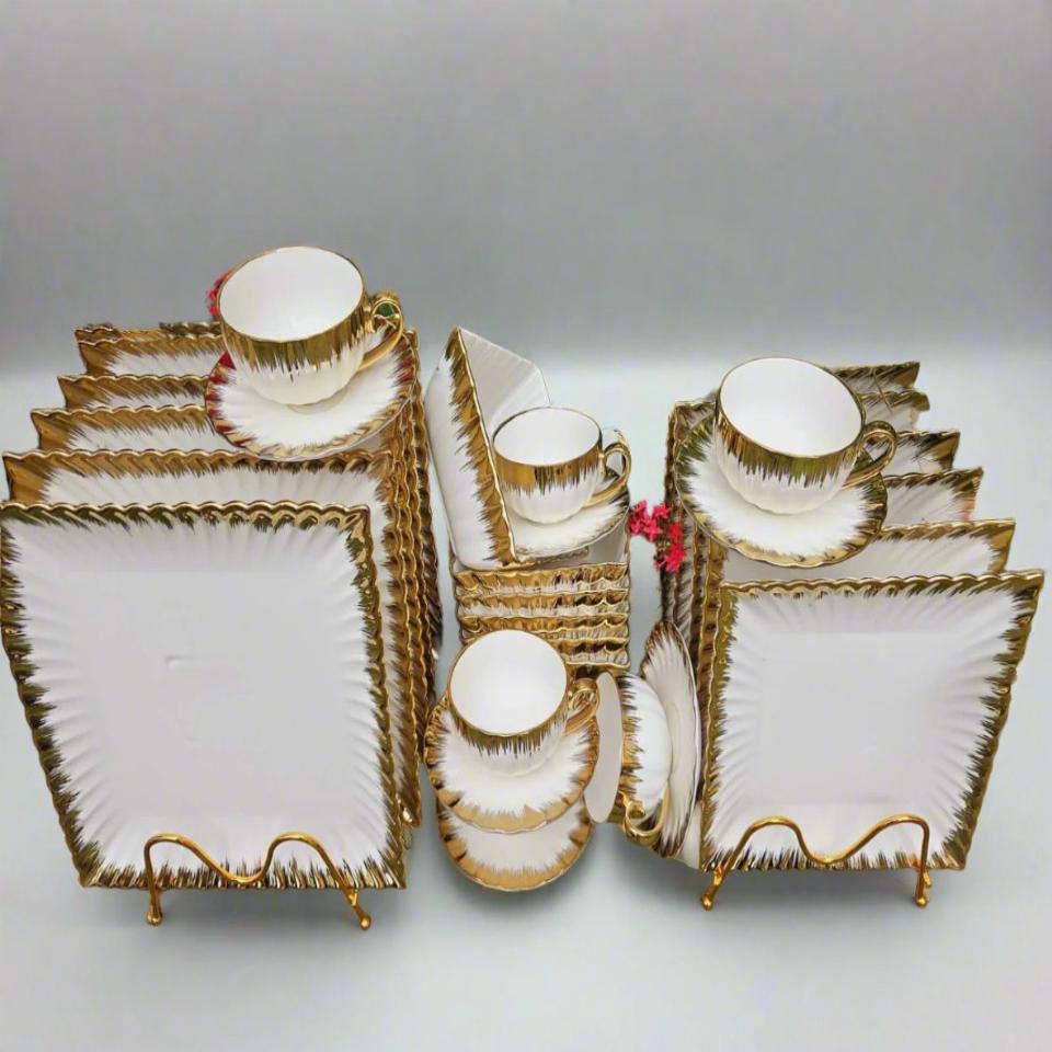 30 Piece White Classy Dinner Set with Gold Rim | Includes Plates, Side Plates, Bowls, Cups, and Saucers