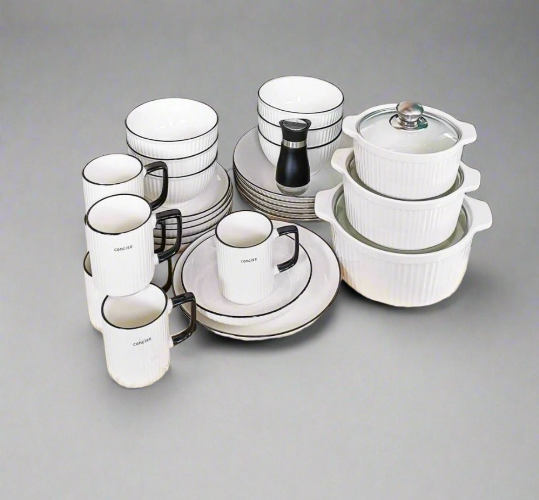 30 Piece Concise Dinner Set | Includes Plates, Side Plates, Bowls, Cups, and Serving Bowls with Lids