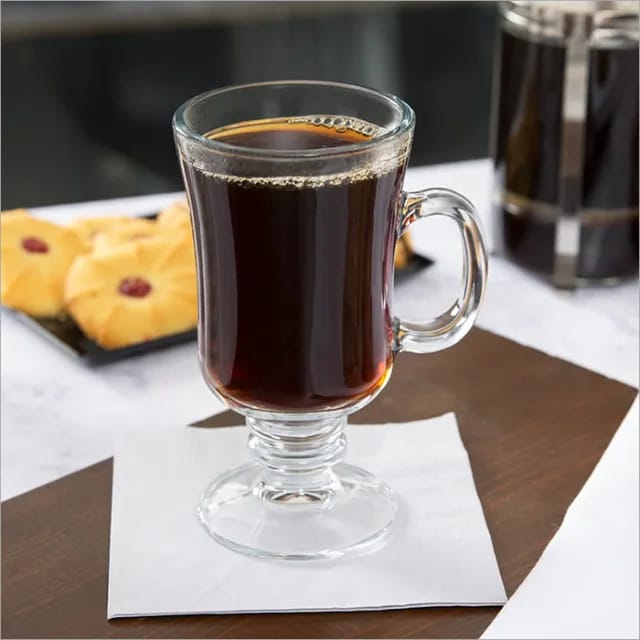 Transparent Traditional Irish Coffee Glass Mugs |  7oz Thick Walled Glass Cups with Handle & Footed Stem Base | 6 Piece Set