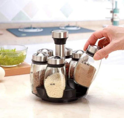 Rotating Spice Rack 6 in 1 | Glass and Steel | 125ml Capacity | Perfect For Home Kitchens, Restaurants