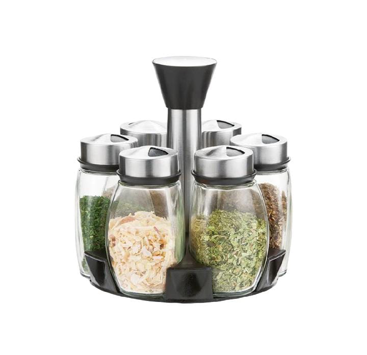 Rotating Spice Rack 6 in 1 | Glass and Steel | 125ml Capacity | Perfect For Home Kitchens, Restaurants