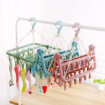 Foldable Multipurpose Portable 32 Clip Cloth, Socks, Underwear, and Handkerchief Hanger | Household Drying Rack | Green, Blue, Pink