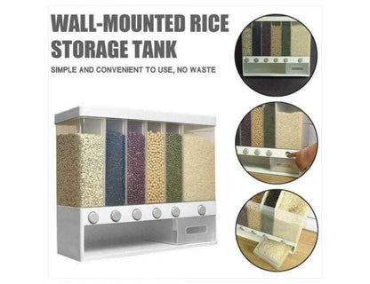 Transparent Cereal Dispenser Partitioned | 6 Grid Storage | Wall Mounted | Ideal For Storing Sugar, Rice, Nuts, Beans, Cereals, Snacks, & Pet Food