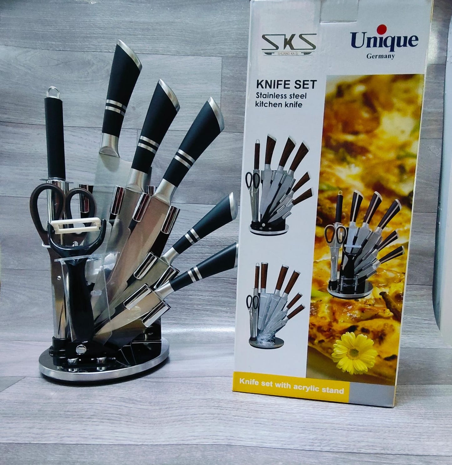 9pcs Unique Stainless Steel Knife Set with Acrylic Stand | Ideal for Slicing, Dicing, Chopping