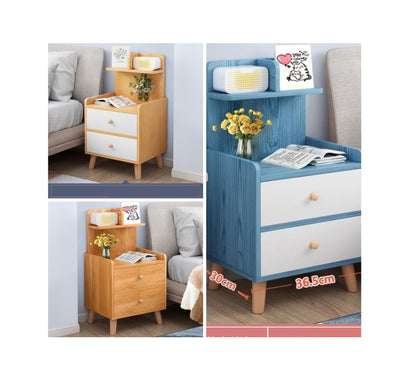 Stylish Wooden Bedside Cabinet with Two Drawers | Elegant Nightstand for Bedroom Storage | Height: 70 cm | Width: 30 cm | Depth: 36.5 cm | Light Brown with White, Dark Brown, Blue