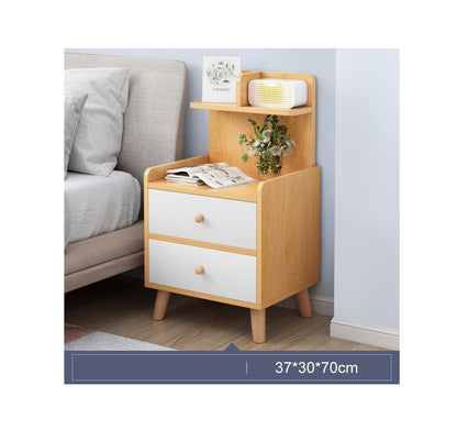 Stylish Wooden Bedside Cabinet with Two Drawers | Elegant Nightstand for Bedroom Storage | Height: 70 cm | Width: 30 cm | Depth: 36.5 cm | Light Brown with White, Dark Brown, Blue