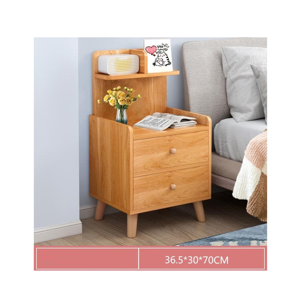 Stylish Wooden Bedside Cabinet with Two Drawers | Elegant Nightstand for Bedroom Storage | Height: 70 cm | Width: 30 cm | Depth: 36.5 cm | Light Brown with White, Dark Brown, Blue