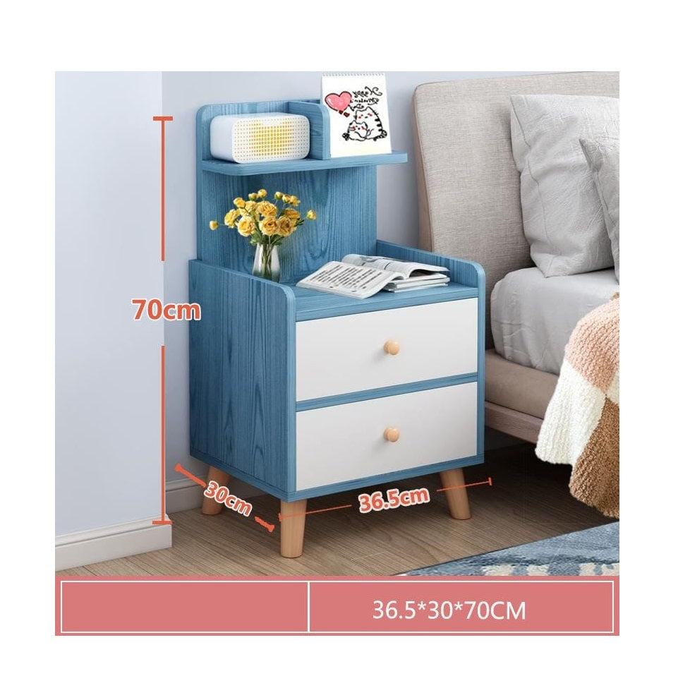 Stylish Wooden Bedside Cabinet with Two Drawers | Elegant Nightstand for Bedroom Storage | Height: 70 cm | Width: 30 cm | Depth: 36.5 cm | Light Brown with White, Dark Brown, Blue