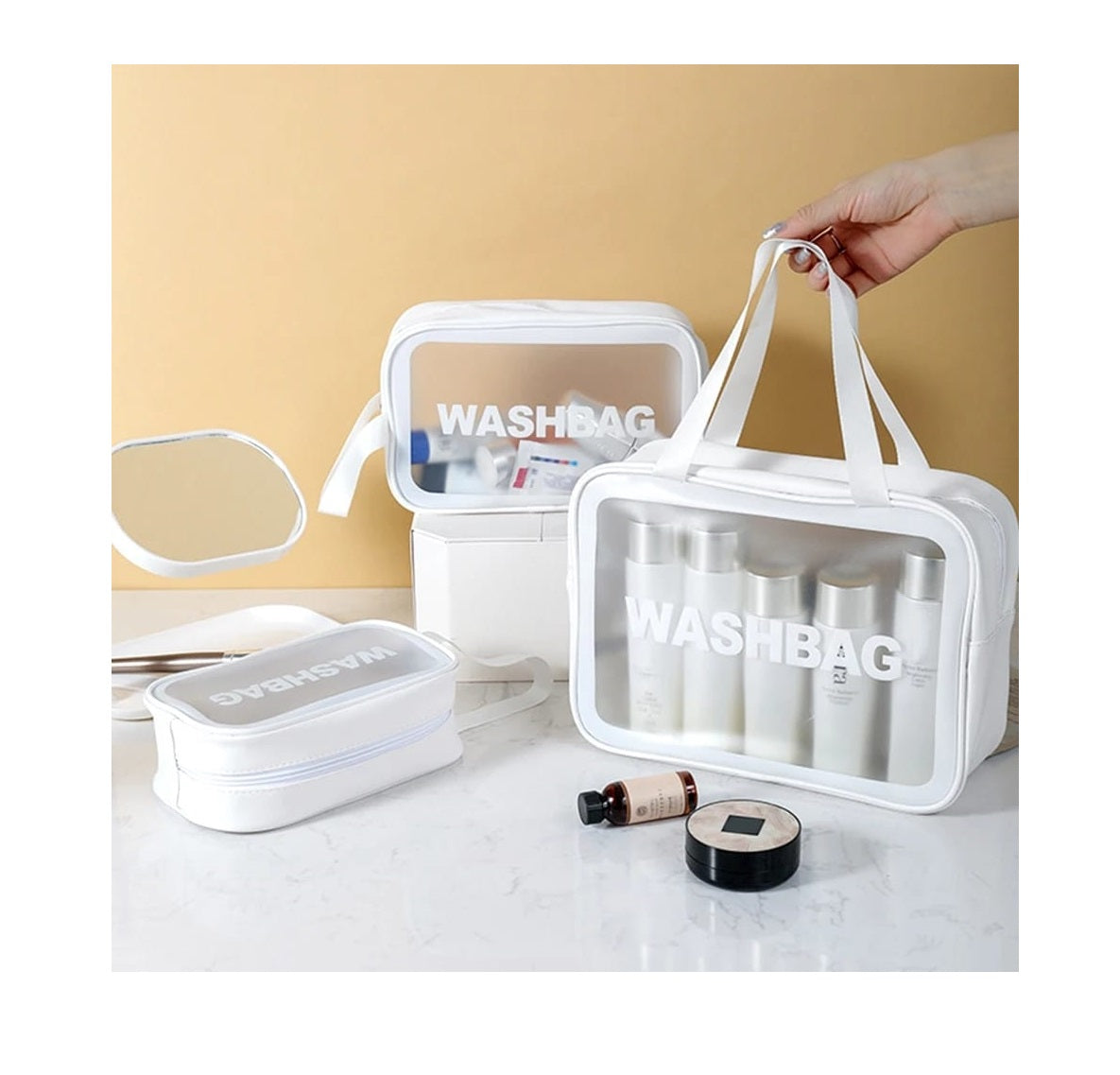 3 in 1 Waterproof Cosmetic Washbag | Travel Makeup Bag | Portable Toiletry Organizer | Available in Black, White, Blue, Pink