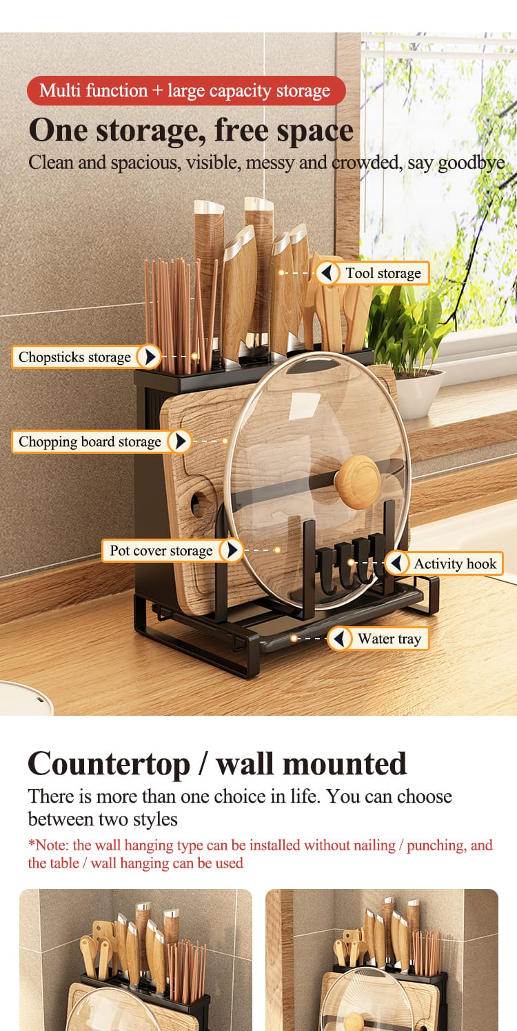 Wall Mounted Knife Rack | Kitchen Chopstick, Chopping Board & Pot Lid Storage Organizer