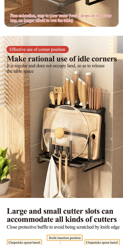 Wall Mounted Knife Rack | Kitchen Chopstick, Chopping Board & Pot Lid Storage Organizer