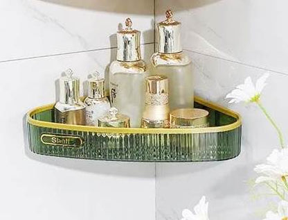 Multipurpose Acrylic Punch Free Bathroom Corner Shelf | Adhesive Sticker | Green, Clear, Gold